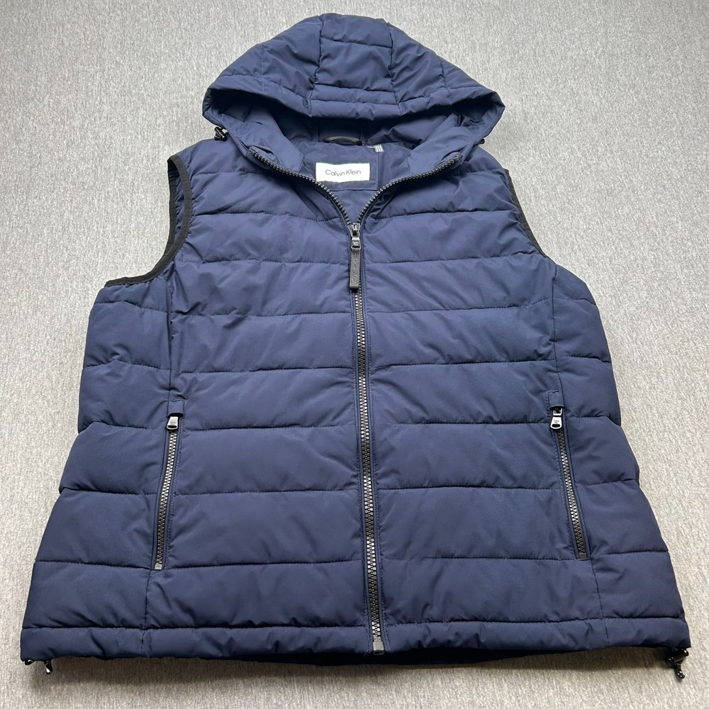 Calvin Klein Full Zip Hooded Puffer Vest Womens XL Navy Blue Winter